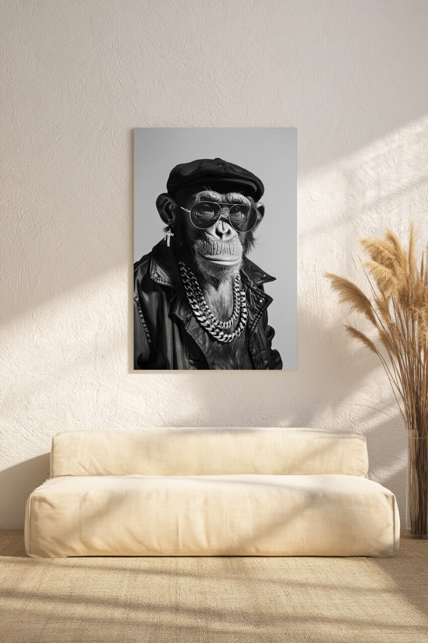 Fotografie Poster Schimpanse Lederjacke Brille schwarz-weiß