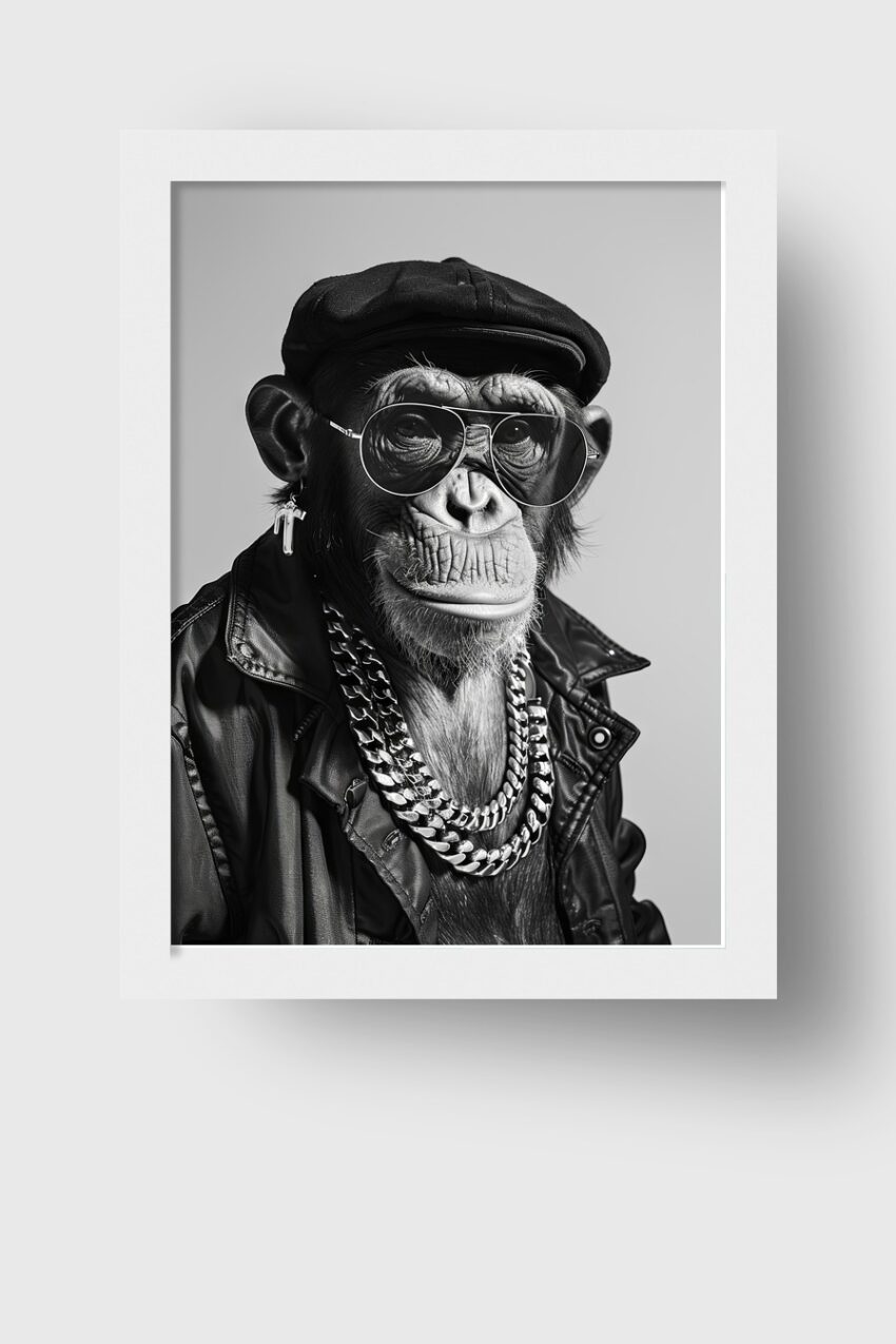 Fotografie Poster Schimpanse Lederjacke Brille schwarz-weiß