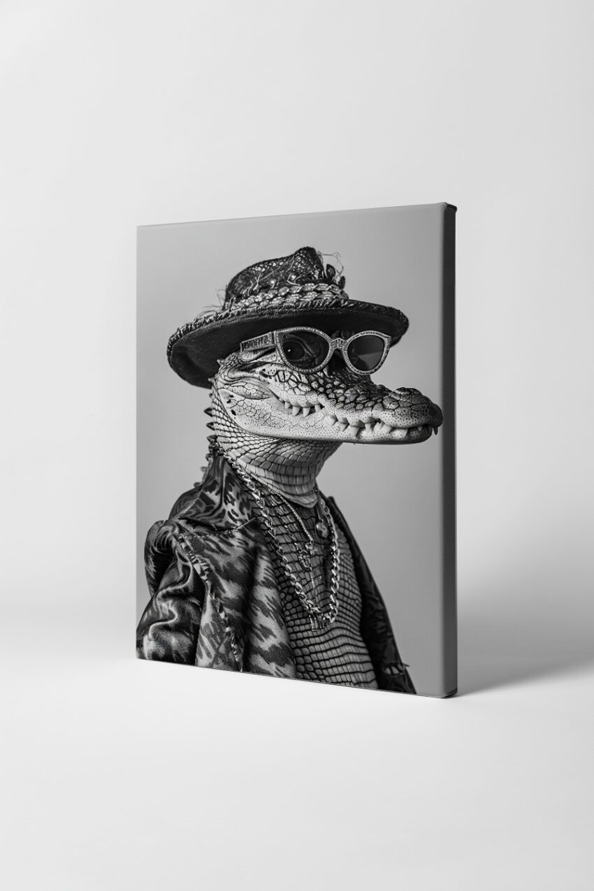 Fotografie Poster Krokodil Schwarzweiß Porträt mit Hut und Brille