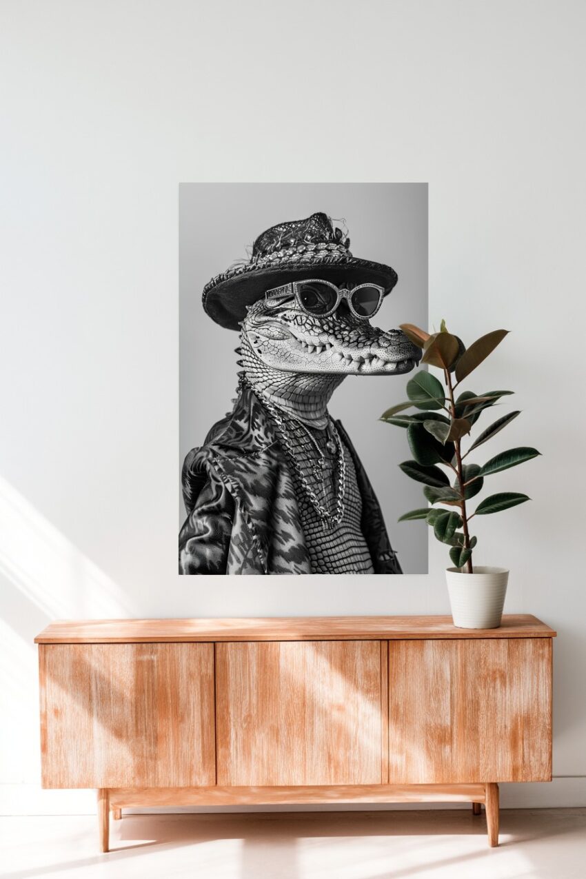 Fotografie Poster Krokodil Schwarzweiß Porträt mit Hut und Brille