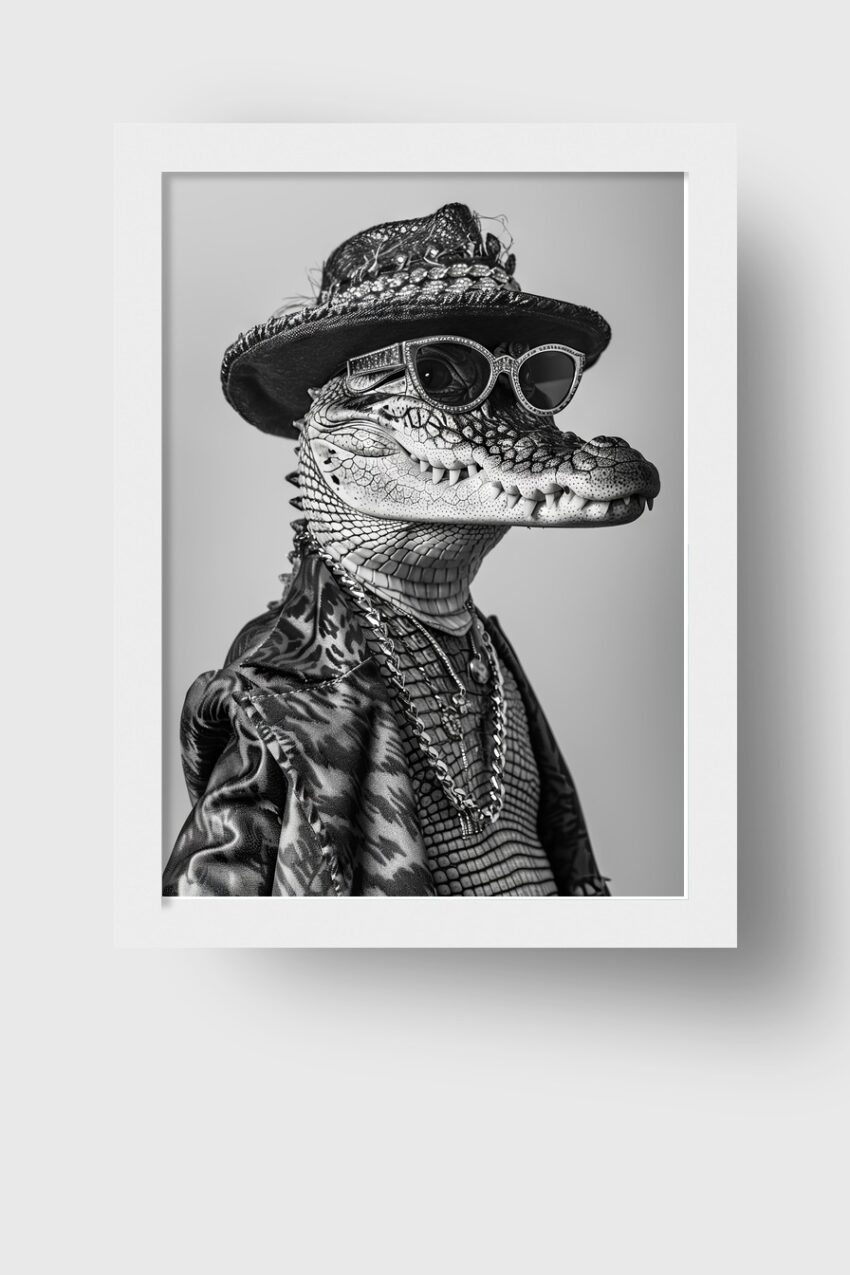 Fotografie Poster Krokodil Schwarzweiß Porträt mit Hut und Brille