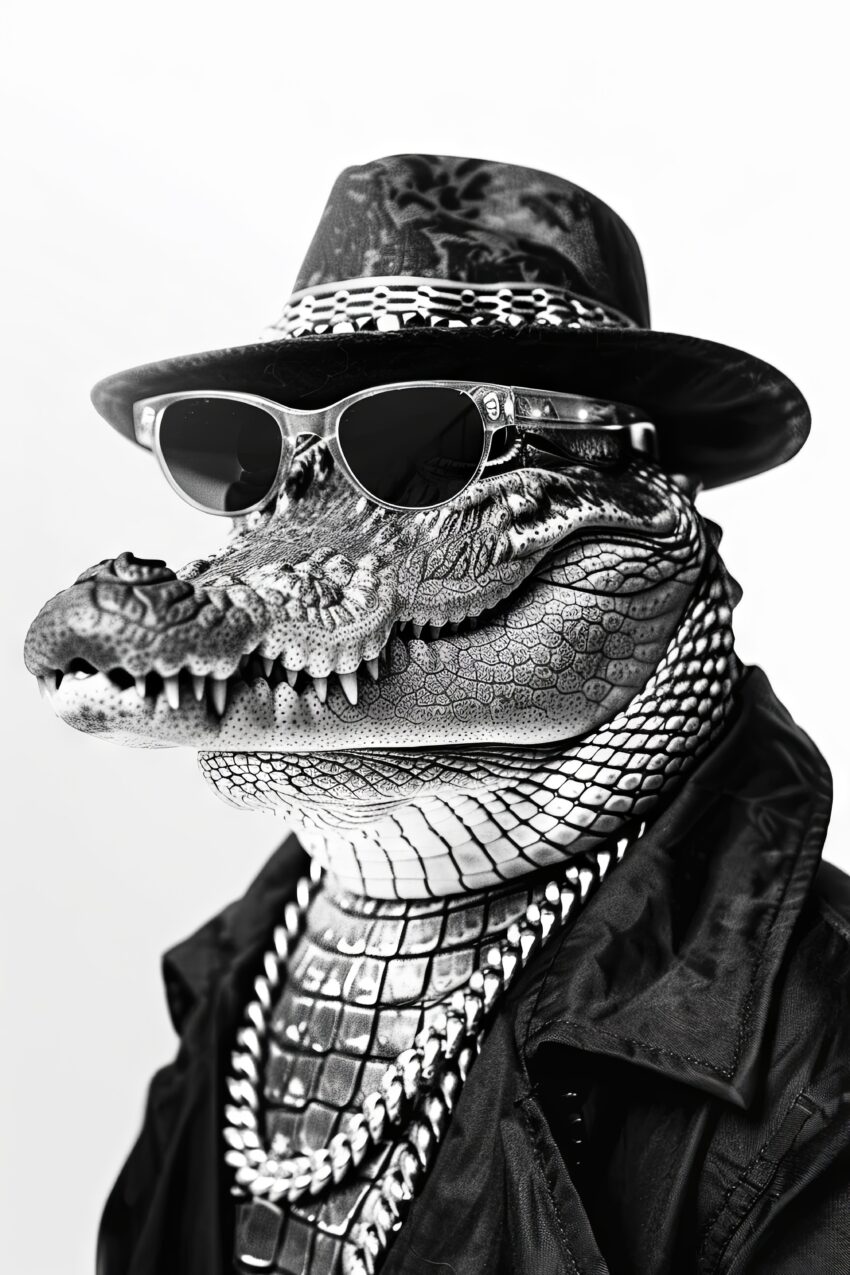 Fotografie Poster Krokodil schwarz-weiß Hut Sonnenbrille