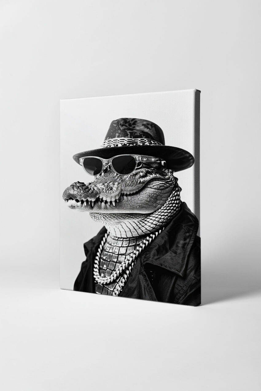 Fotografie Poster Krokodil schwarz-weiß Hut Sonnenbrille
