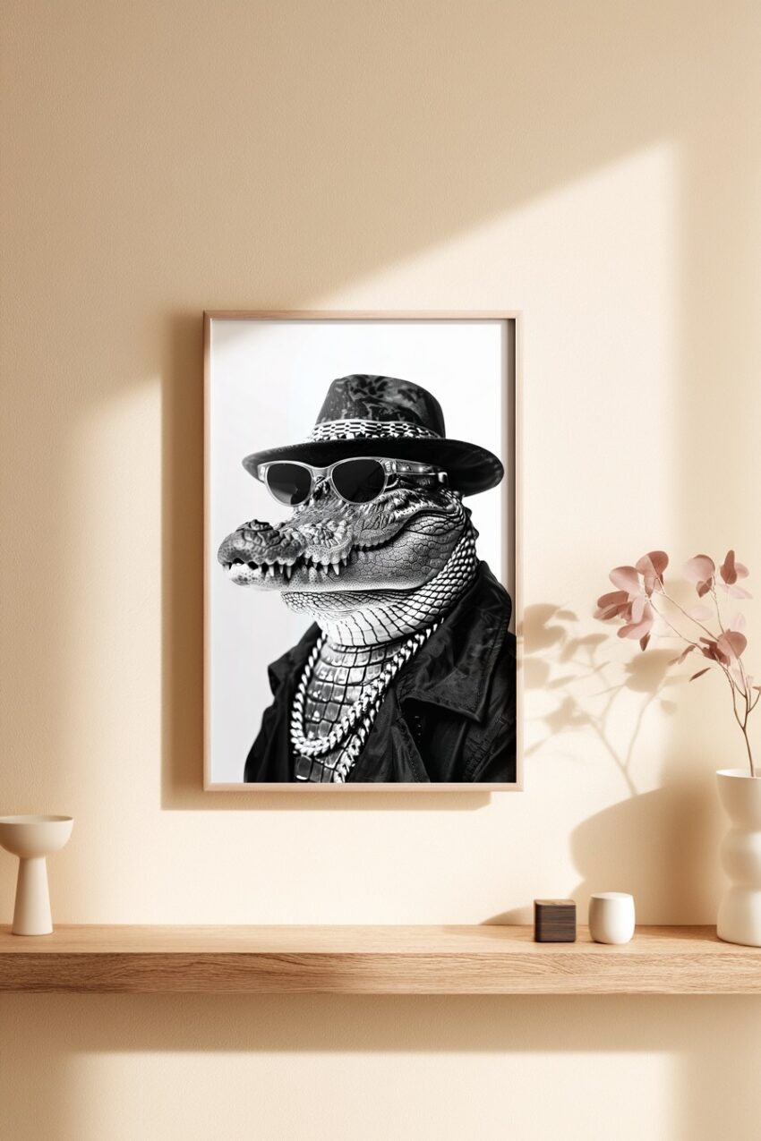 Fotografie Poster Krokodil schwarz-weiß Hut Sonnenbrille