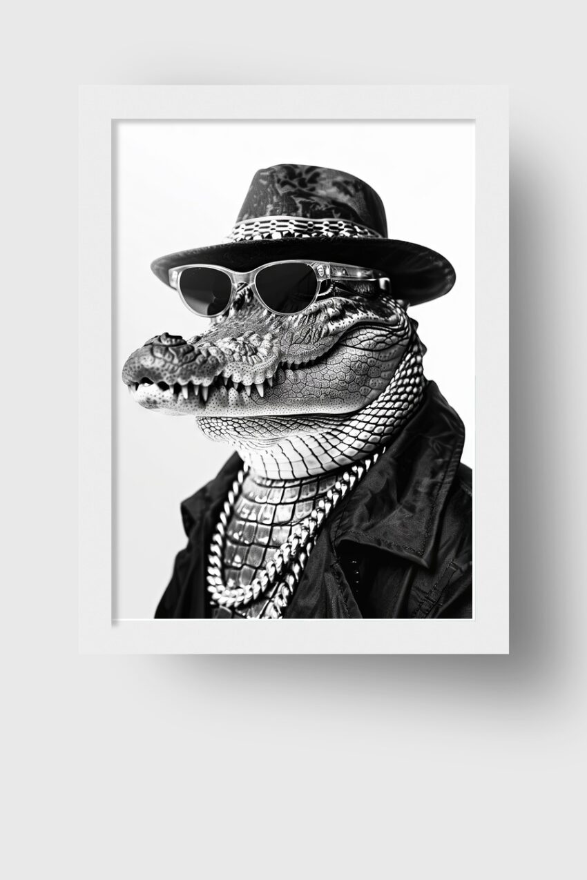 Fotografie Poster Krokodil schwarz-weiß Hut Sonnenbrille
