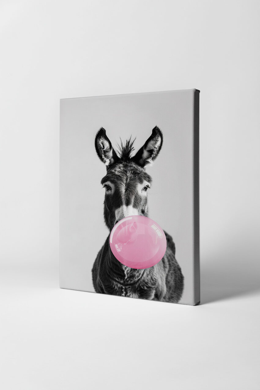 Fotografie Poster Esel schwarz-weiß rosa Kaugummi