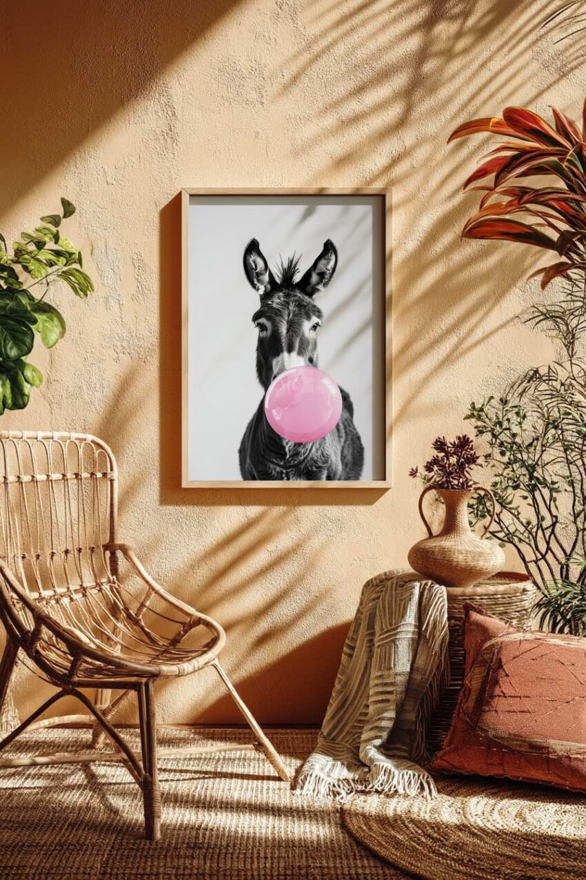 Fotografie Poster Esel schwarz-weiß rosa Kaugummi