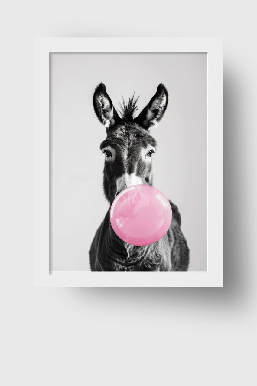 Fotografie Poster Esel schwarz-weiß rosa Kaugummi