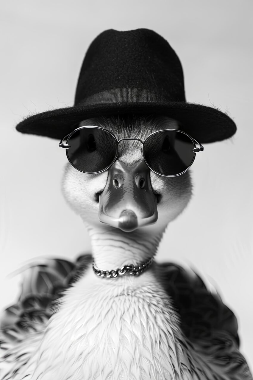 Fotografie Poster Ente schwarz-weiß Hut Sonnenbrille