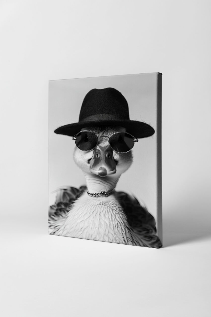 Fotografie Poster Ente schwarz-weiß Hut Sonnenbrille