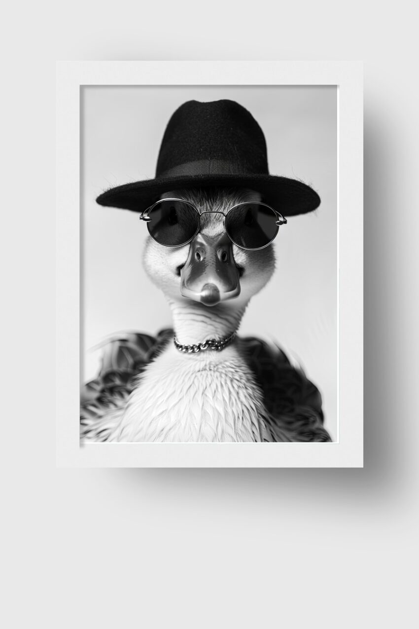 Fotografie Poster Ente schwarz-weiß Hut Sonnenbrille