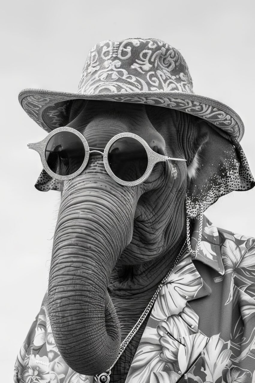 Fotografie Poster Elefant Hut Sonnenbrille schwarz-weiß