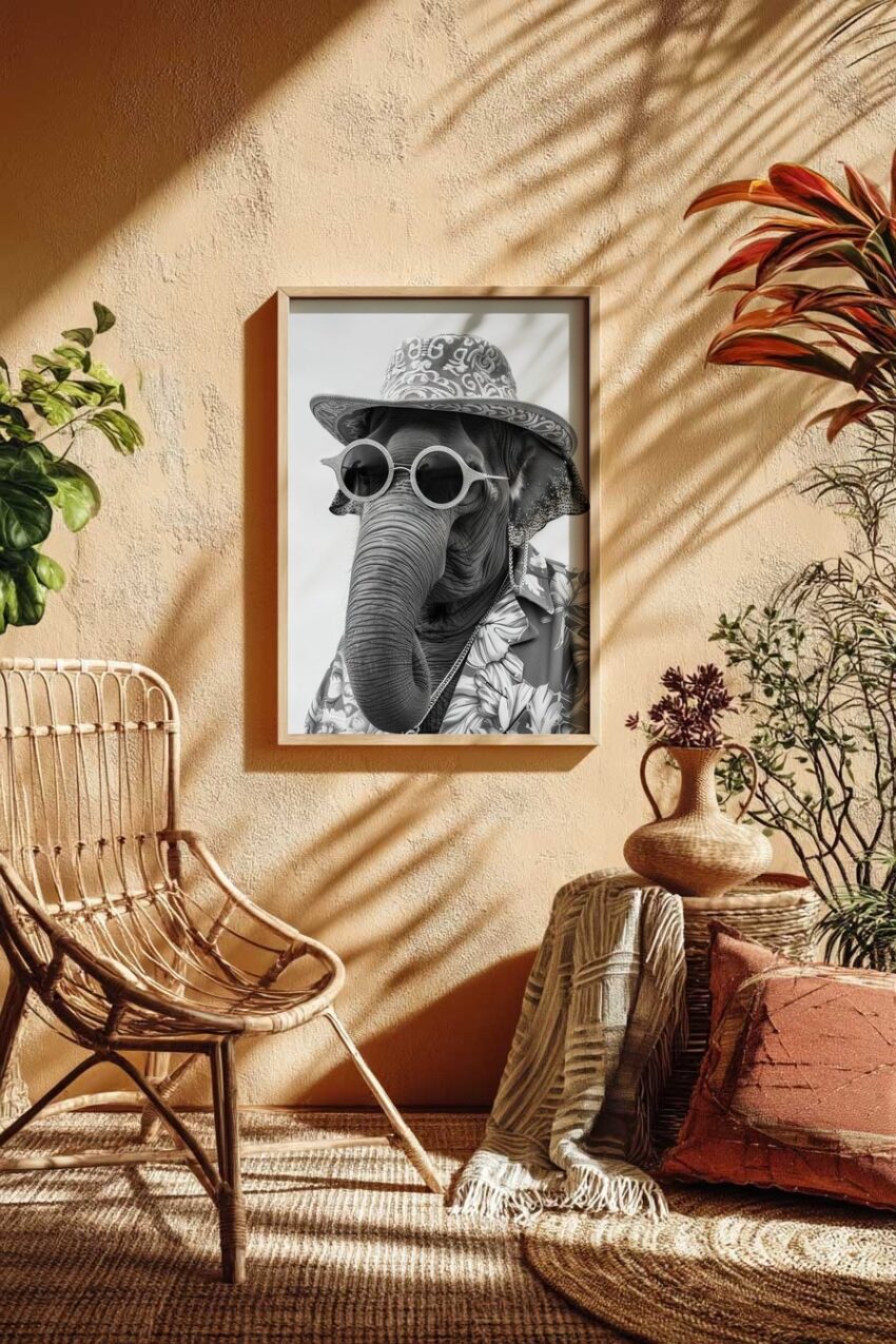 Fotografie Poster Elefant Hut Sonnenbrille schwarz-weiß