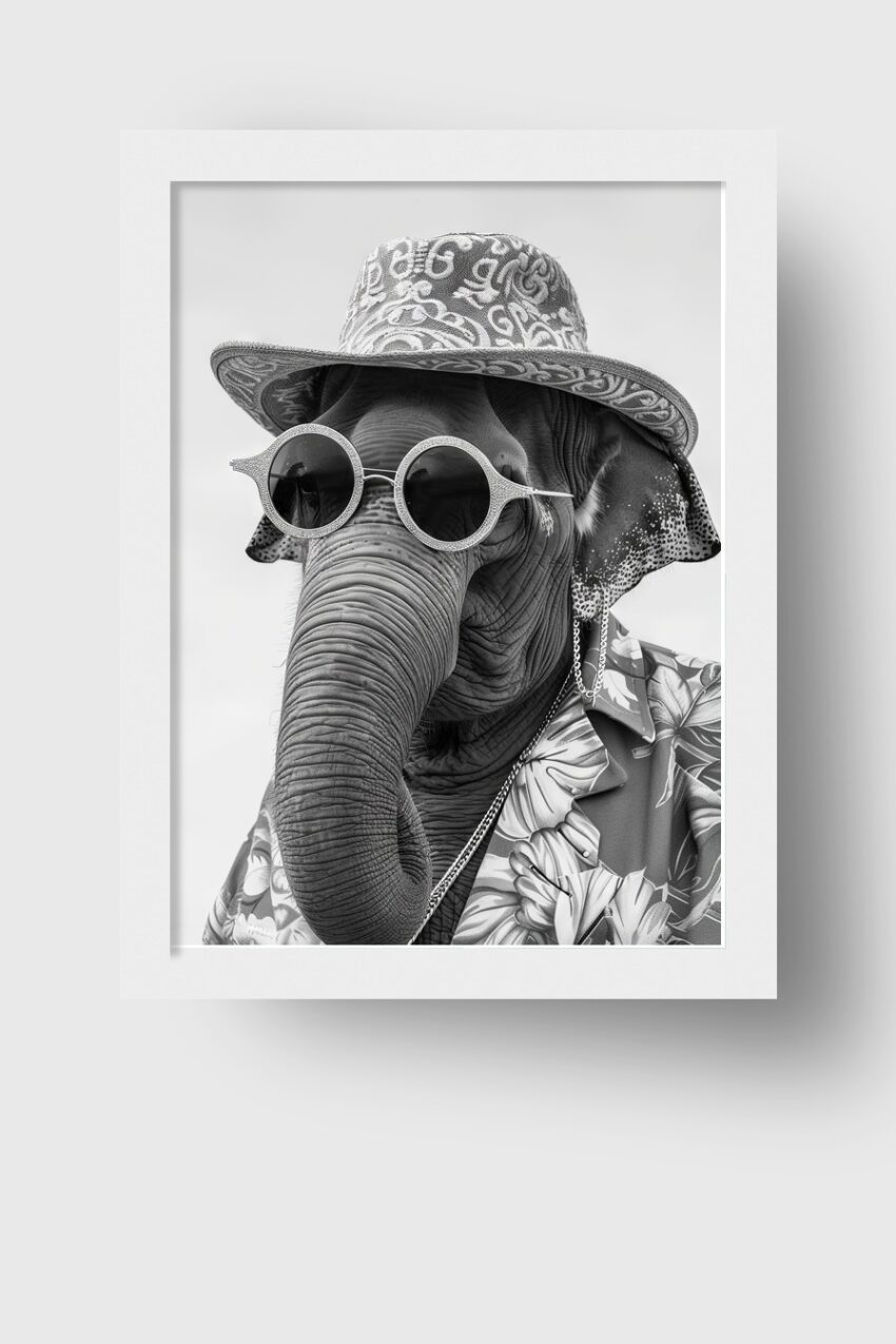 Fotografie Poster Elefant Hut Sonnenbrille schwarz-weiß