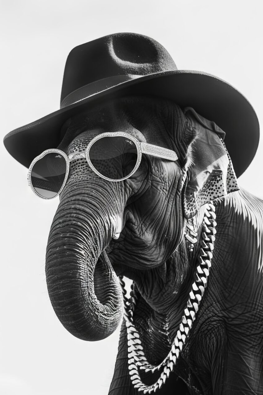Fotografie Poster Elefant schwarz-weiß Hut Sonnenbrille