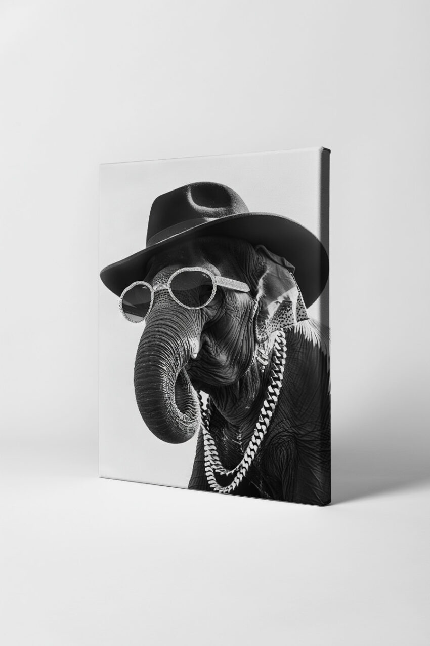 Fotografie Poster Elefant schwarz-weiß Hut Sonnenbrille