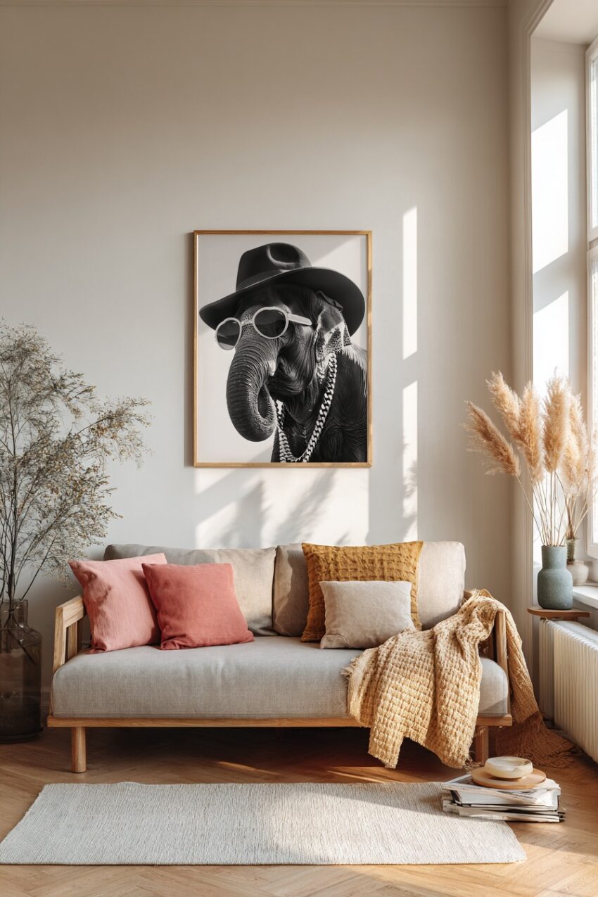 Fotografie Poster Elefant schwarz-weiß Hut Sonnenbrille