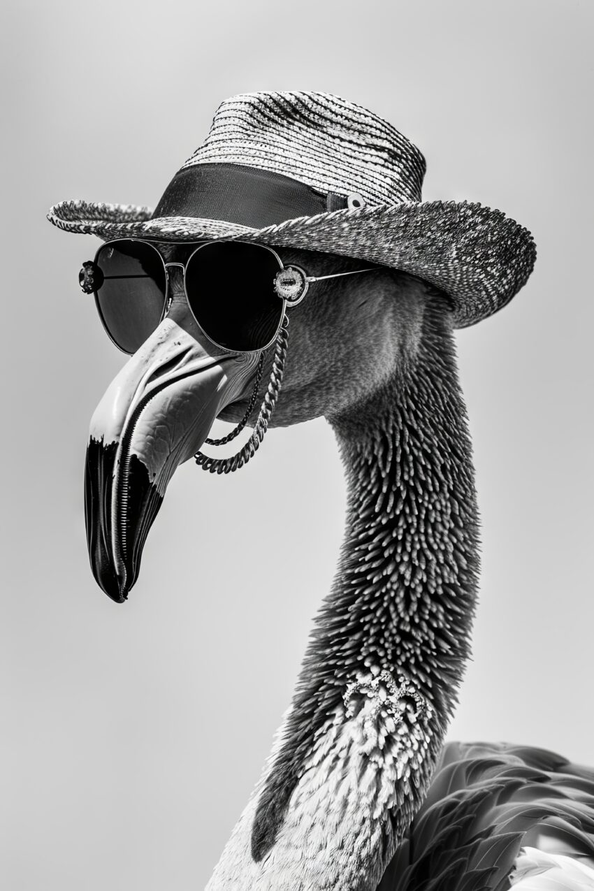 Fotografie Poster Flamingo schwarz-weiß mit Hut und Sonnenbrille