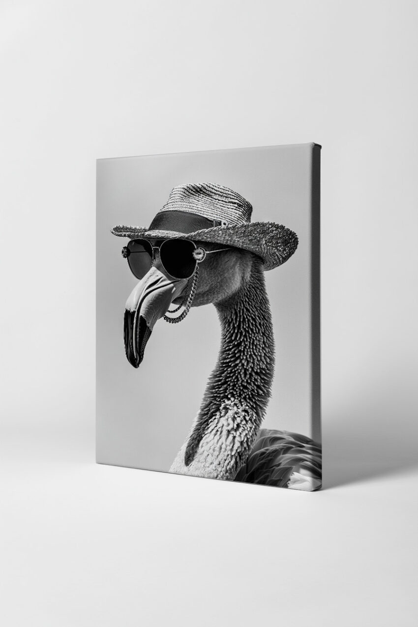 Fotografie Poster Flamingo schwarz-weiß mit Hut und Sonnenbrille