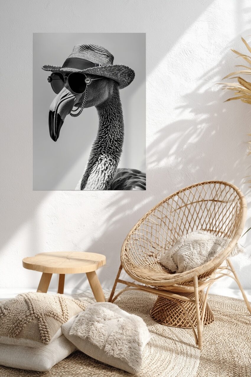 Fotografie Poster Flamingo schwarz-weiß mit Hut und Sonnenbrille