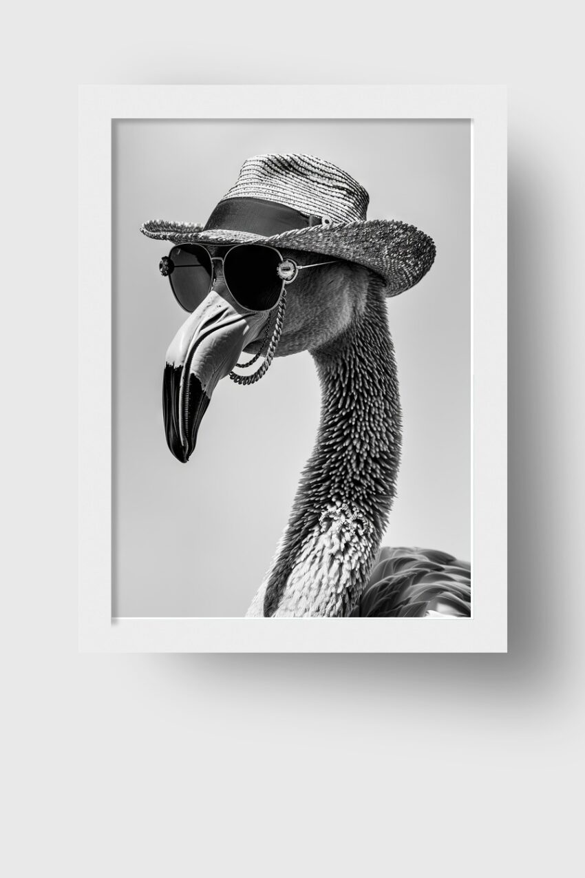 Fotografie Poster Flamingo schwarz-weiß mit Hut und Sonnenbrille