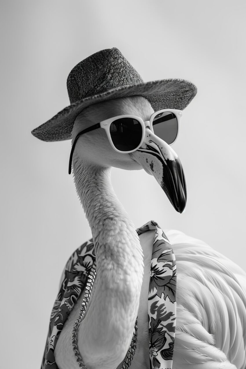 Fotografie Poster Flamingo schwarz-weiß mit Hut Sonnenbrille