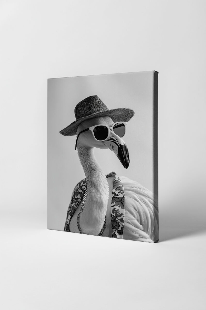 Fotografie Poster Flamingo schwarz-weiß mit Hut Sonnenbrille