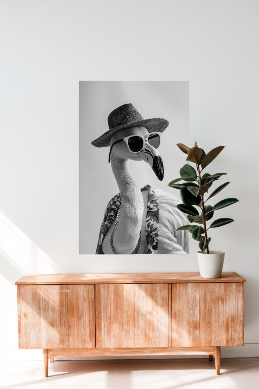 Fotografie Poster Flamingo schwarz-weiß mit Hut Sonnenbrille