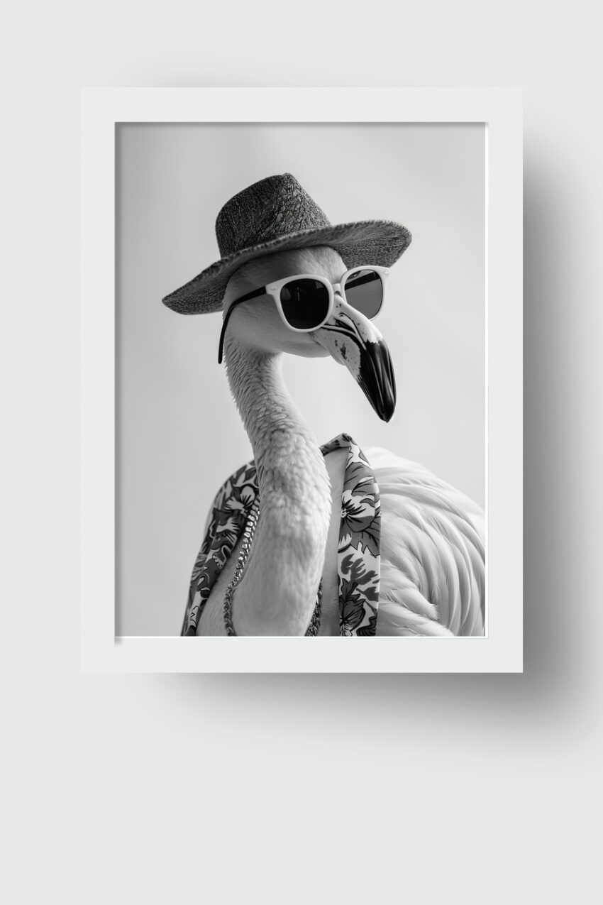 Fotografie Poster Flamingo schwarz-weiß mit Hut Sonnenbrille