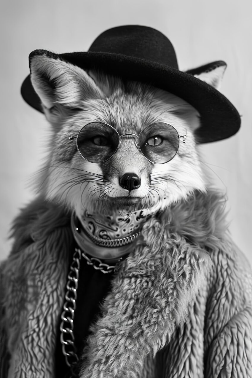 Fotografie Poster Fuchs schwarz-weiß mit Hut und runder Brille