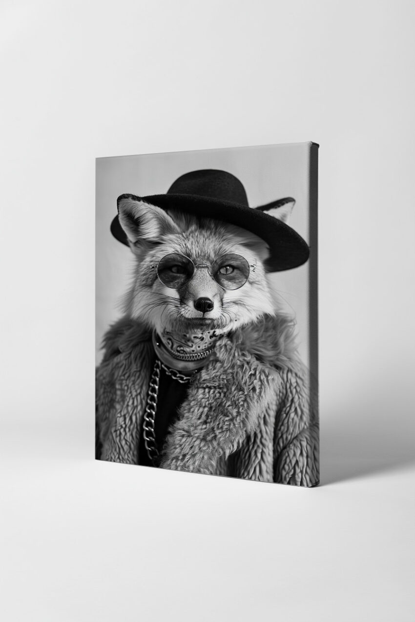 Fotografie Poster Fuchs schwarz-weiß mit Hut und runder Brille