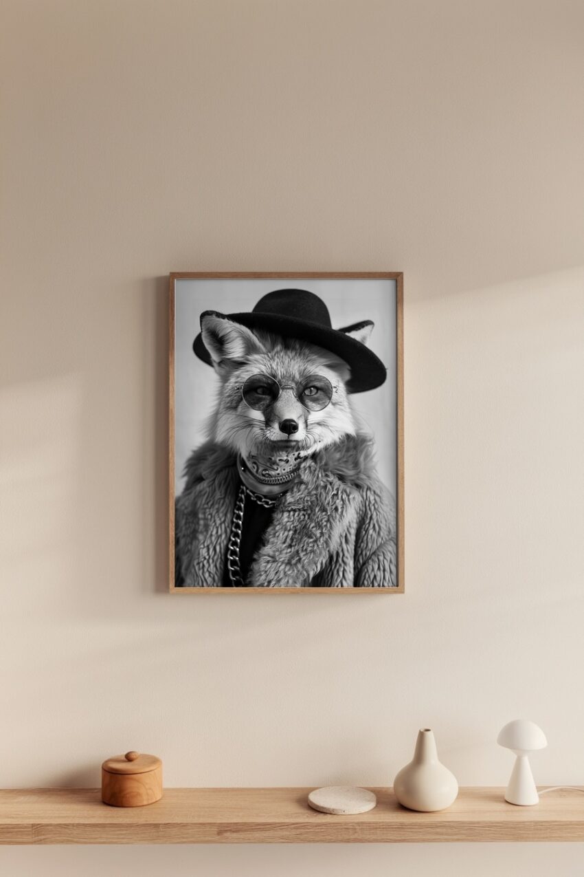 Fotografie Poster Fuchs schwarz-weiß mit Hut und runder Brille