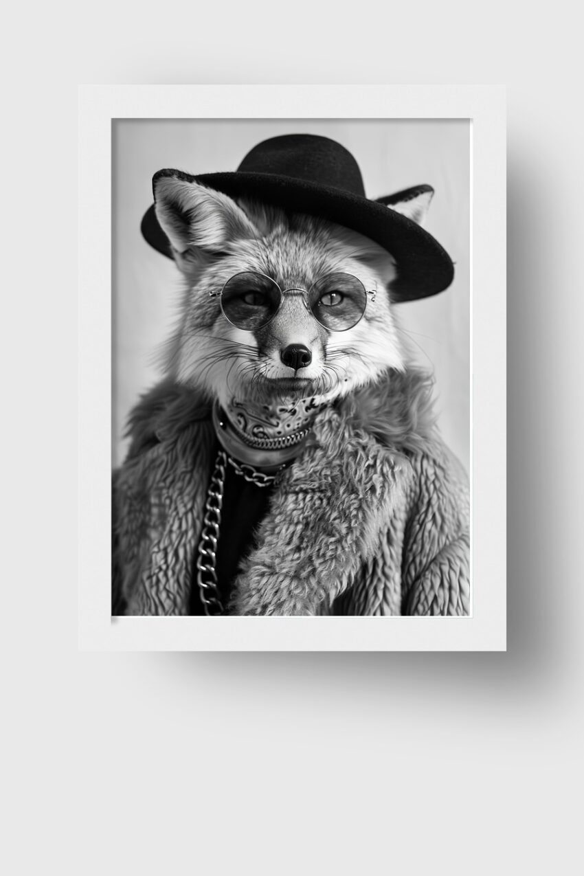 Fotografie Poster Fuchs schwarz-weiß mit Hut und runder Brille