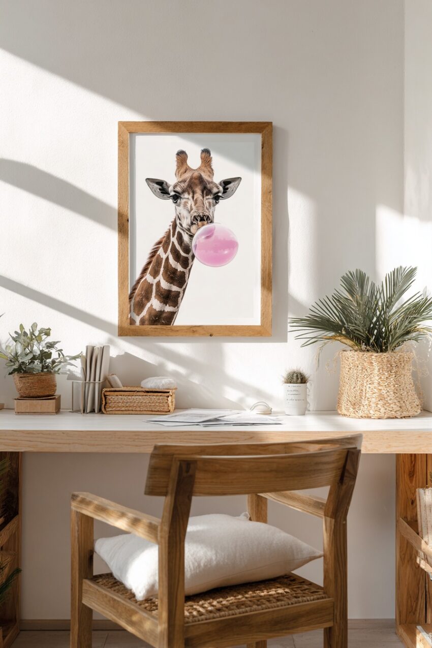 Fotografie Poster Giraffe Kaugummi rosa Blase