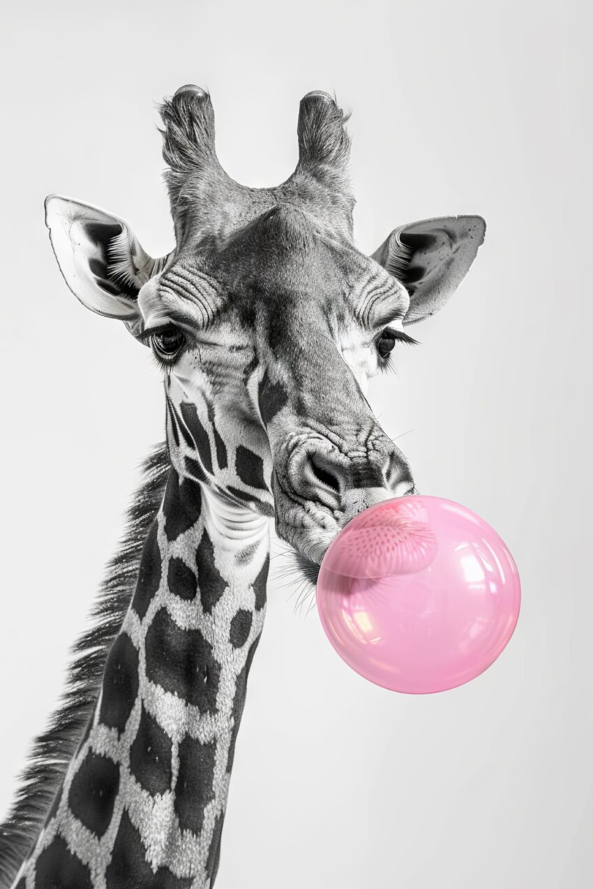 Fotografie Poster Giraffe Bubblegum rosa Blase