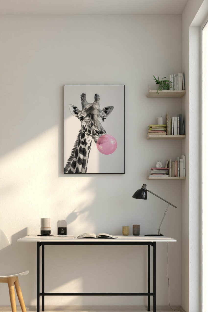 Fotografie Poster Giraffe Bubblegum rosa Blase