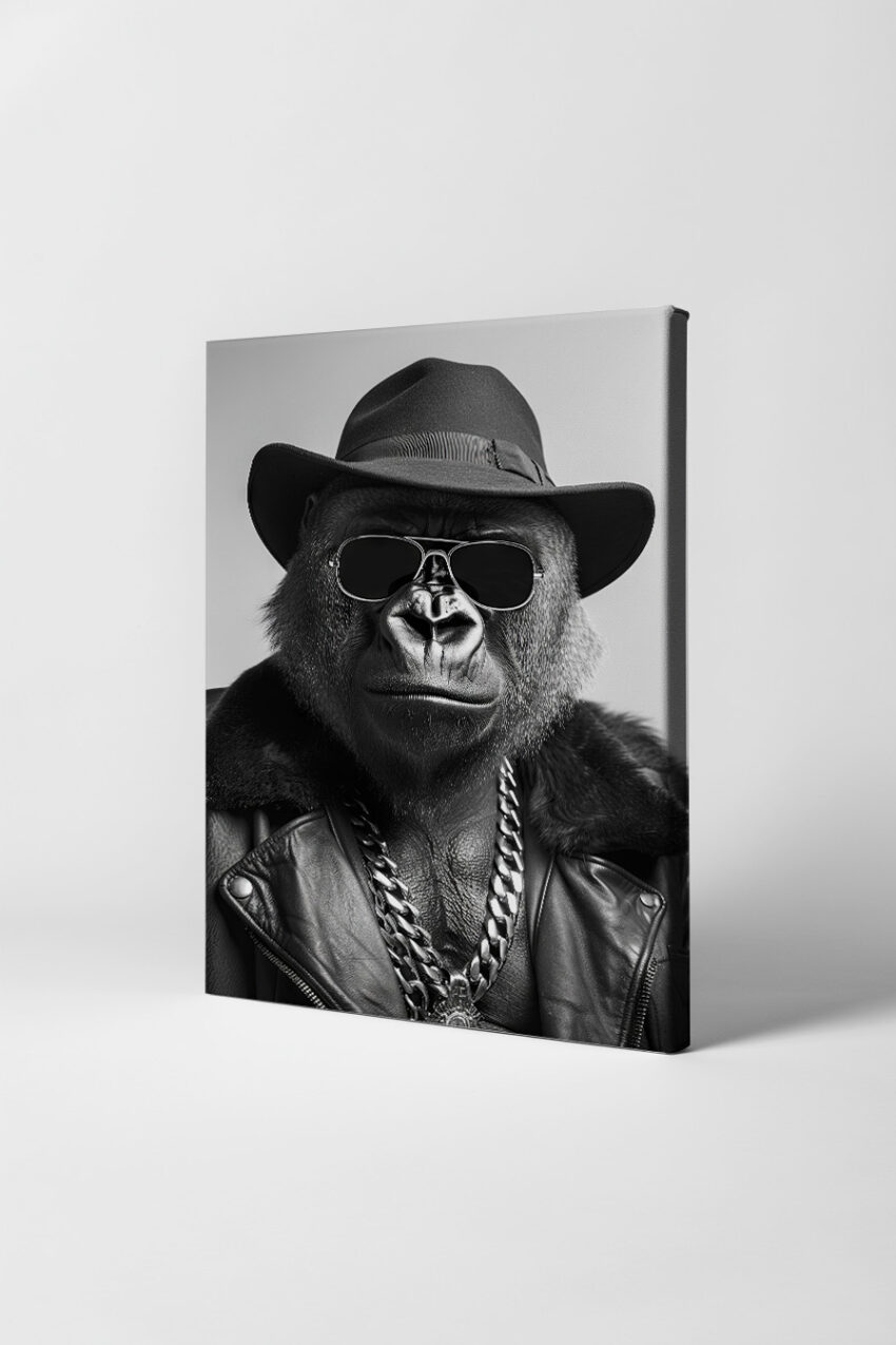 Fotografie Poster Gorilla mit Hut schwarz-weiß