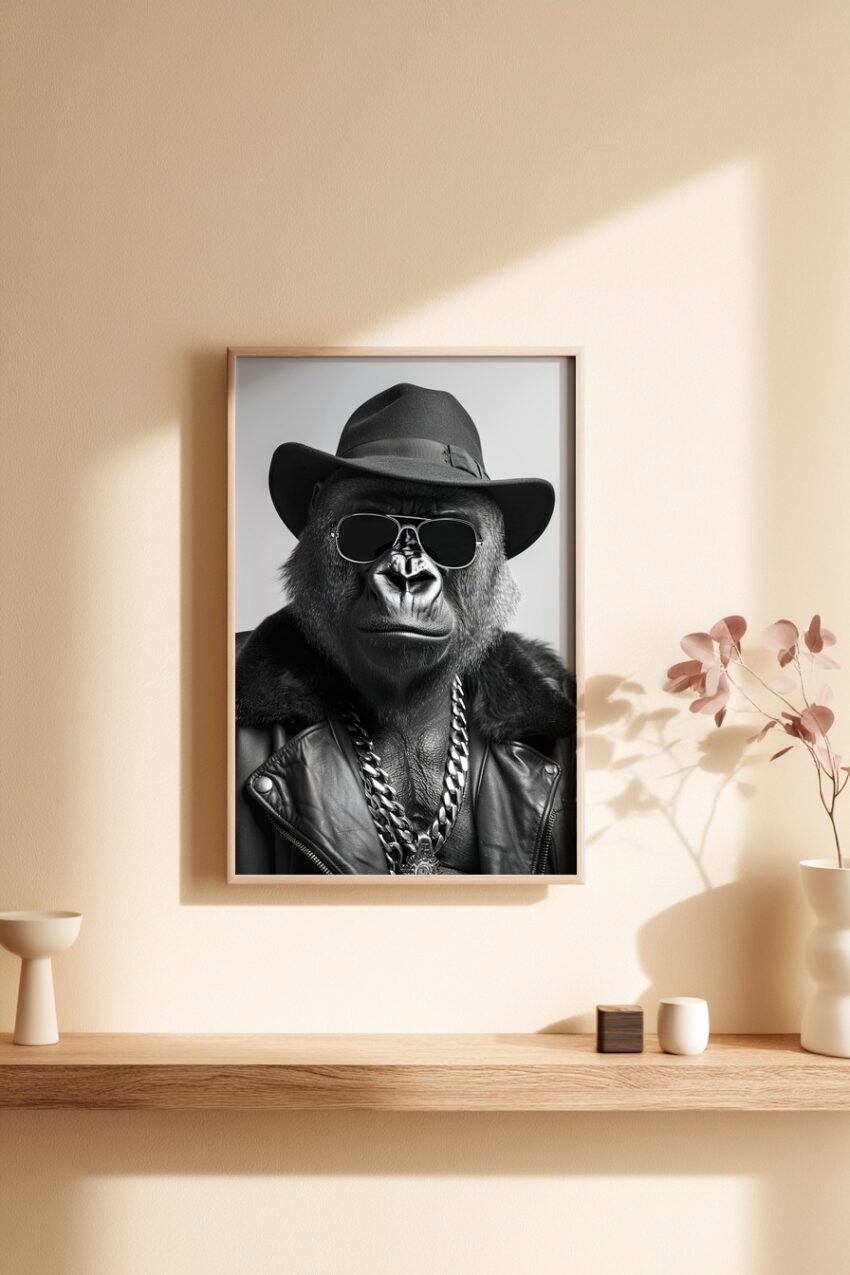 Fotografie Poster Gorilla mit Hut schwarz-weiß