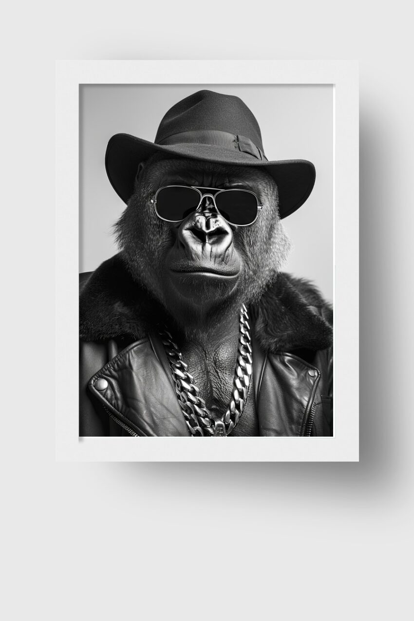 Fotografie Poster Gorilla mit Hut schwarz-weiß