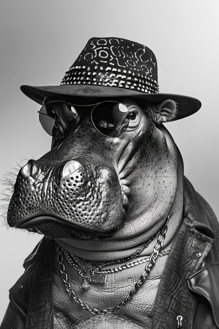 Fotografie Poster Nilpferd Sonnenbrille schwarz-weiß