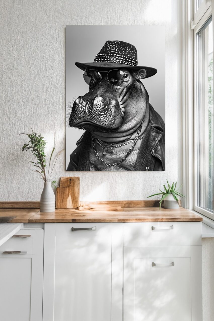 Fotografie Poster Nilpferd Sonnenbrille schwarz-weiß