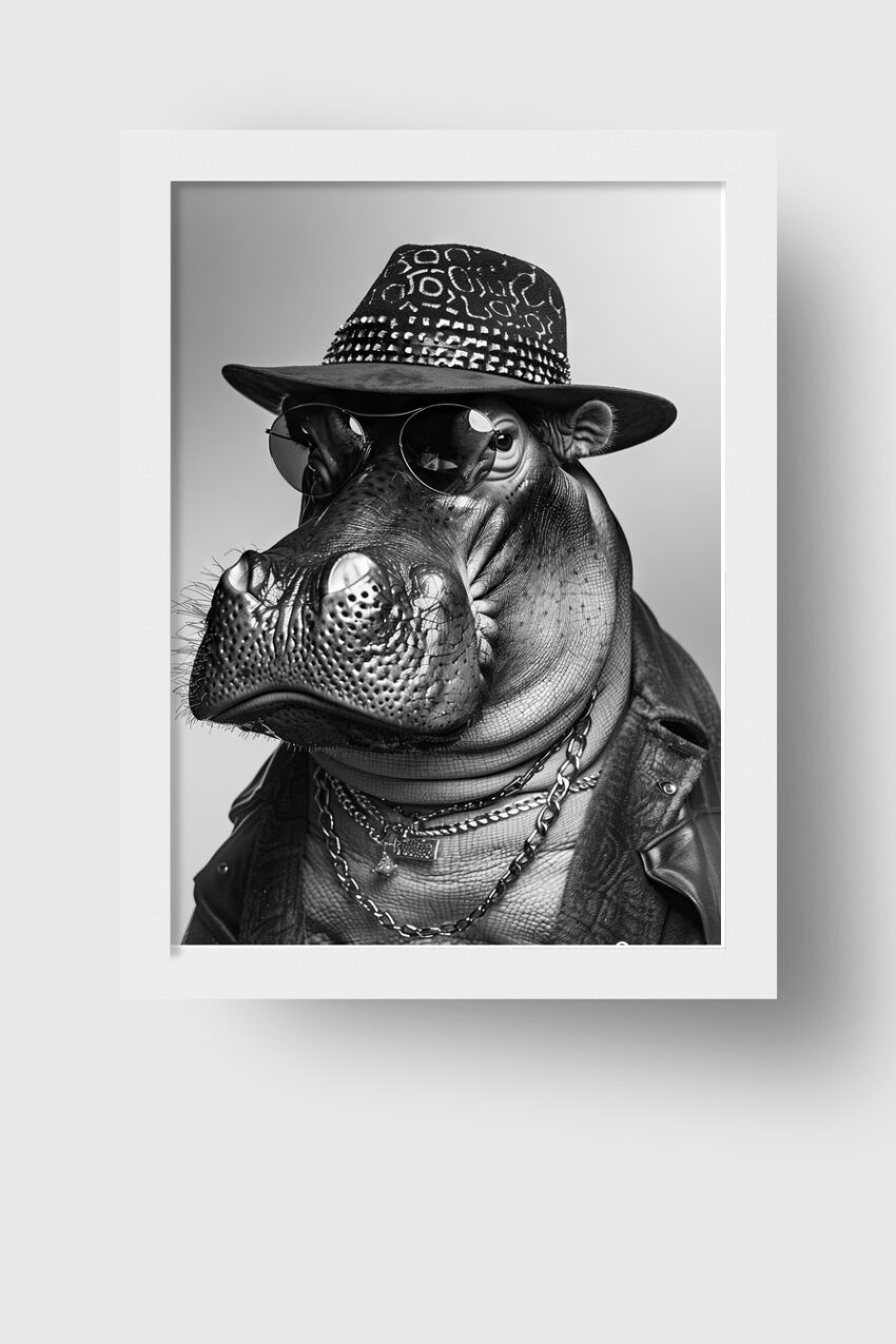 Fotografie Poster Nilpferd Sonnenbrille schwarz-weiß