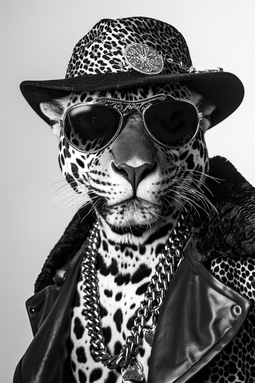 Fotografie Poster Leopard schwarz-weiß Porträt Hut Sonnenbrille