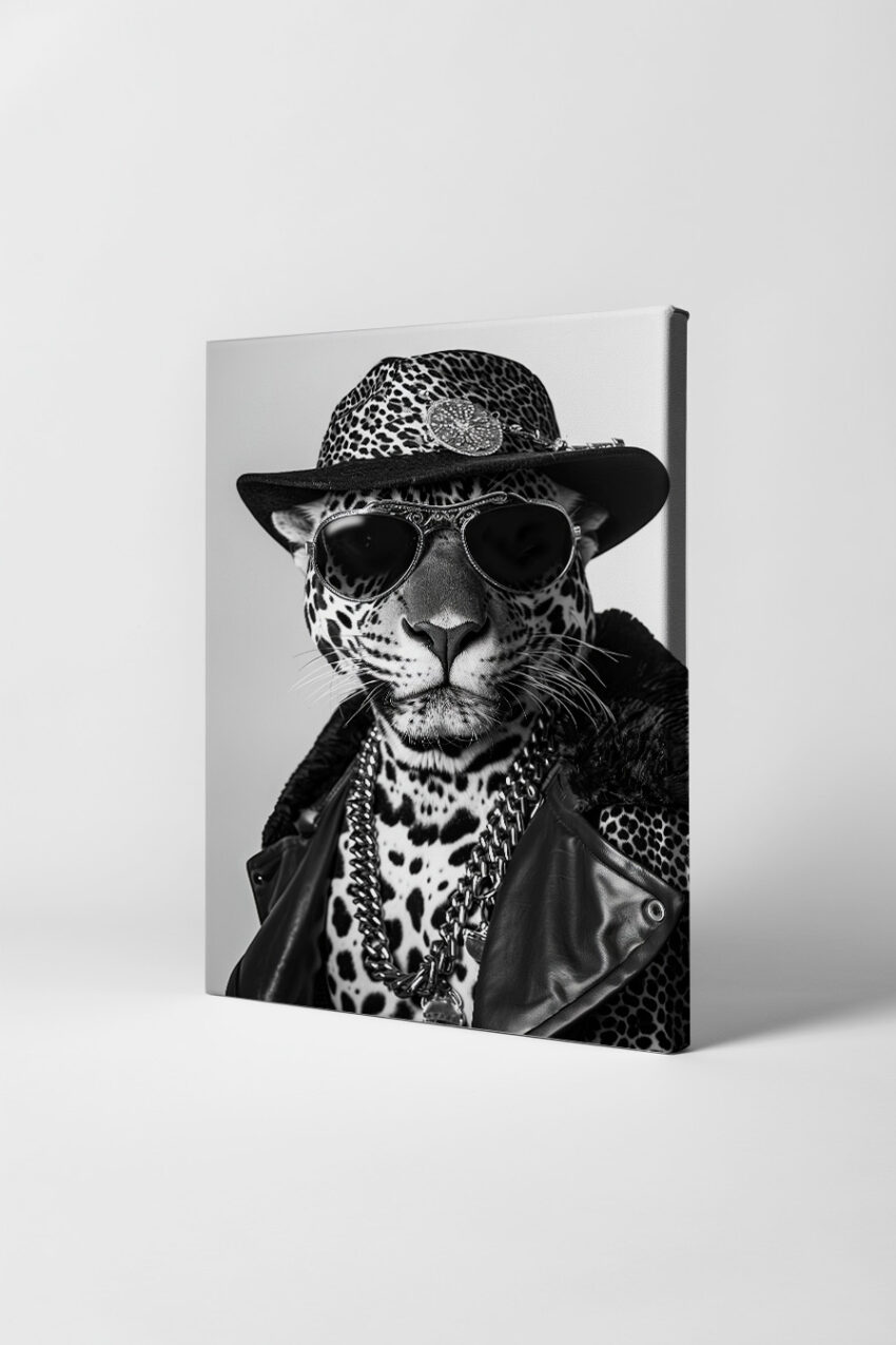 Fotografie Poster Leopard schwarz-weiß Porträt Hut Sonnenbrille