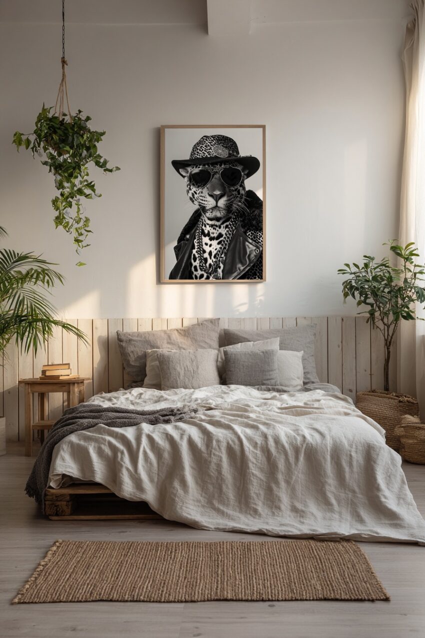 Fotografie Poster Leopard schwarz-weiß Porträt Hut Sonnenbrille