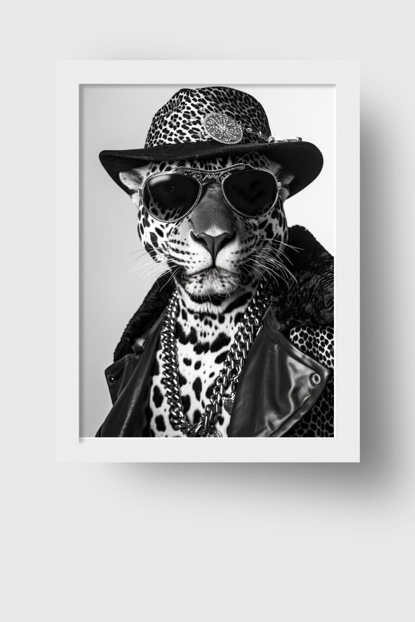 Fotografie Poster Leopard schwarz-weiß Porträt Hut Sonnenbrille
