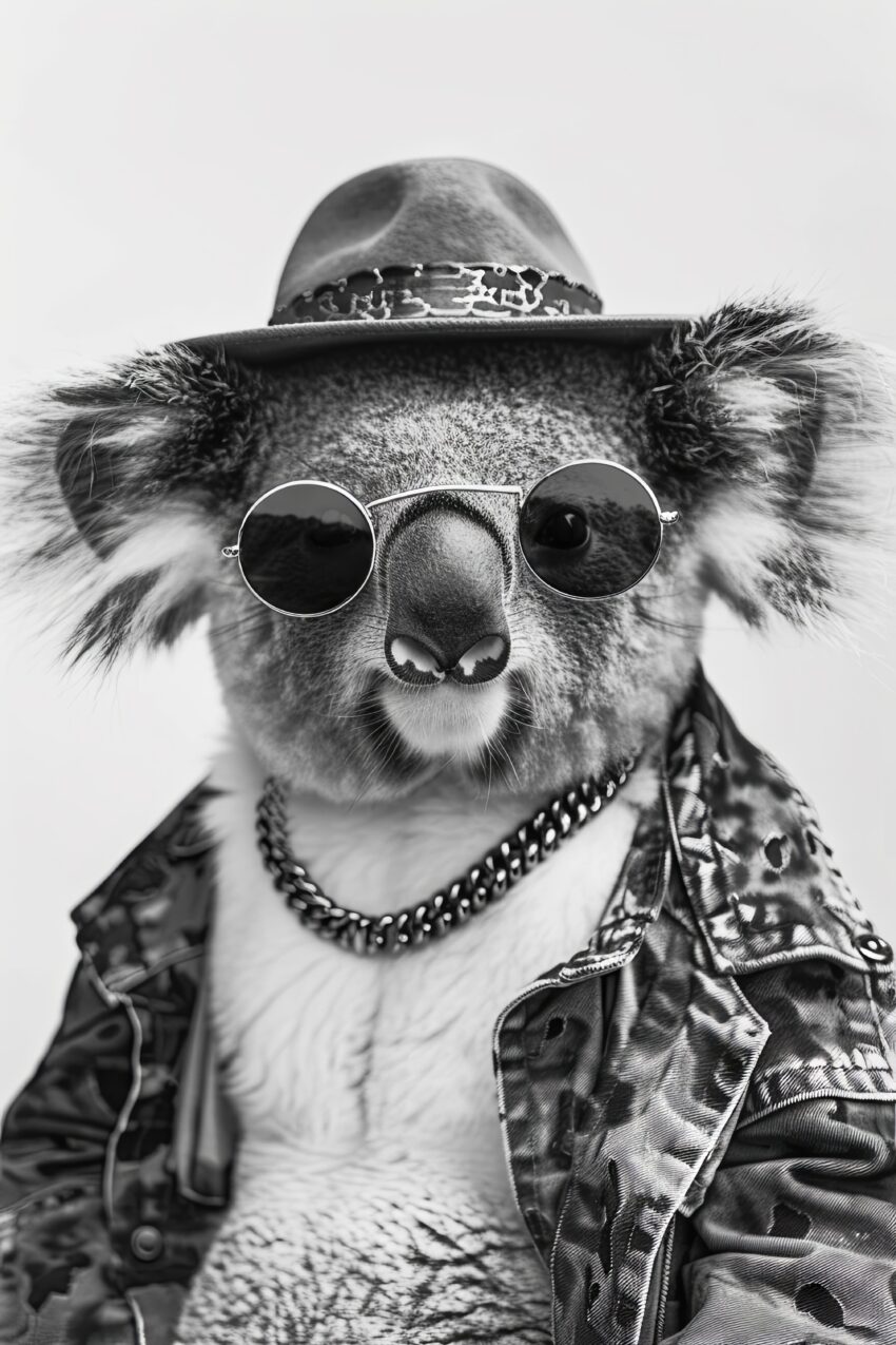 Fotografie Poster Koala mit Hut schwarz-weiß