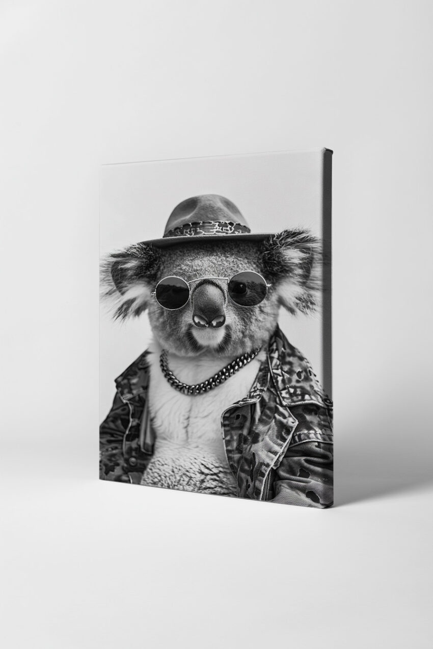 Fotografie Poster Koala mit Hut schwarz-weiß