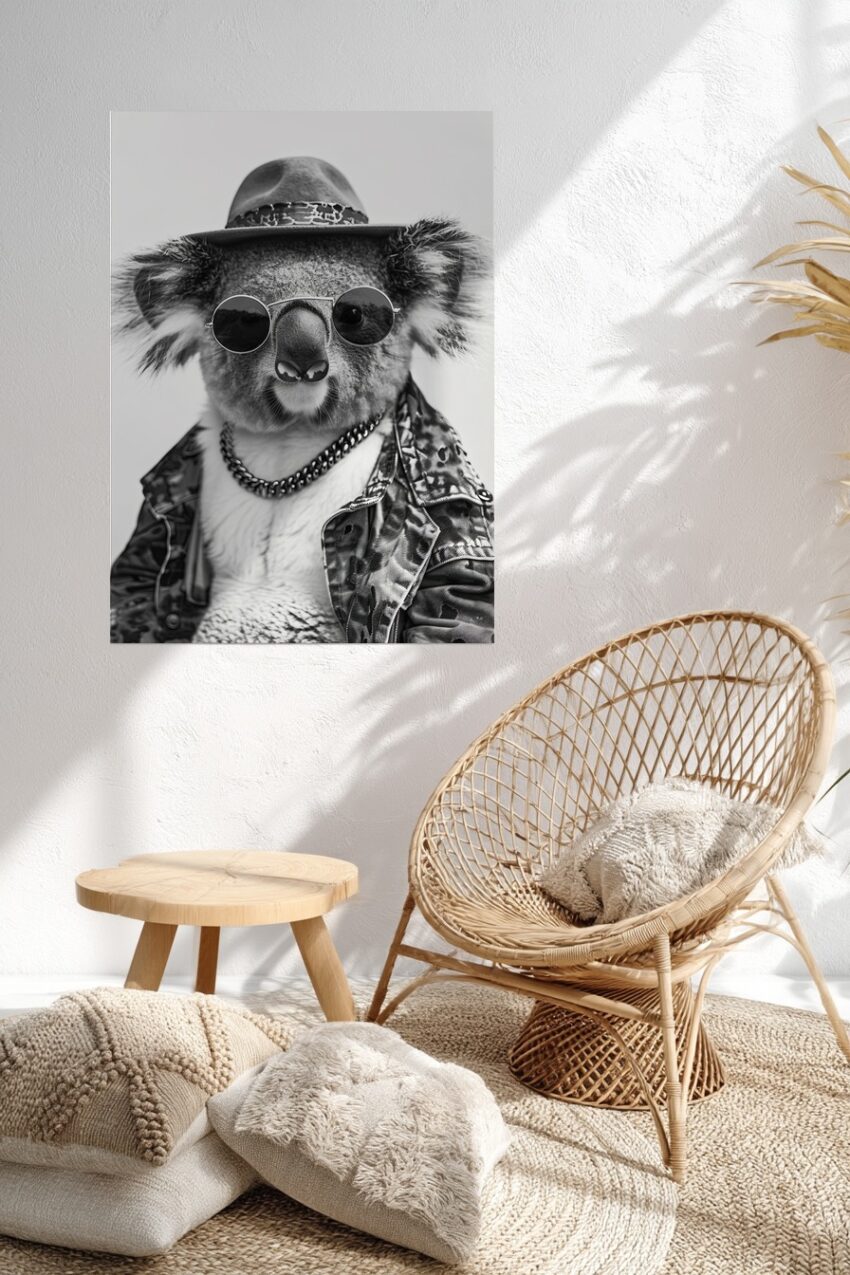 Fotografie Poster Koala mit Hut schwarz-weiß