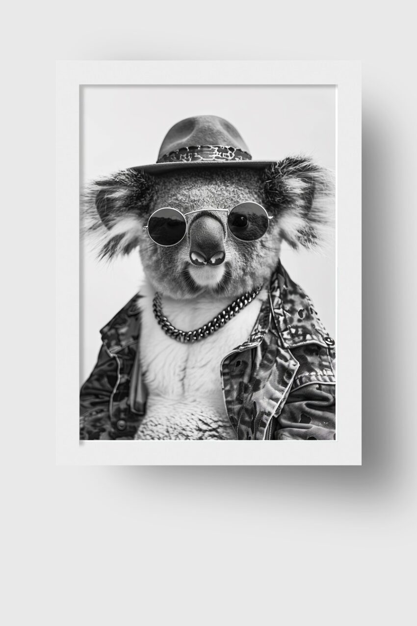 Fotografie Poster Koala mit Hut schwarz-weiß